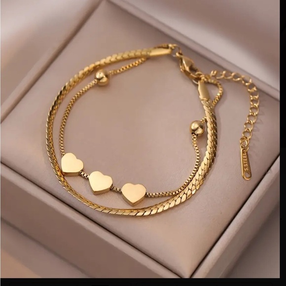 Jewelry - Womens 18K Gold Plated Stainless Steel Double Three Hearts Cuban Chain Bracelet